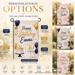 Multiple personalized birthday garden flag design styles including kids, milestone, floral, and festive birthday themes