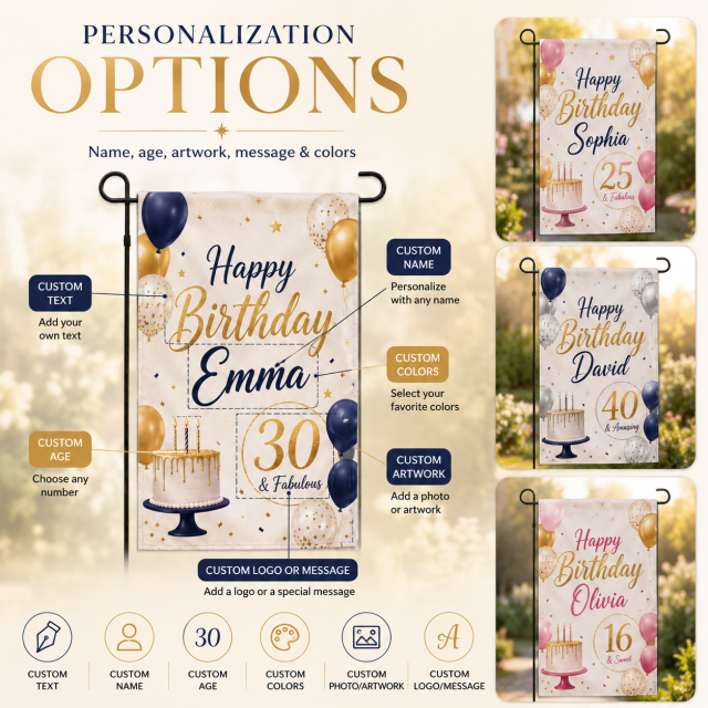 Multiple personalized birthday garden flag design styles including kids, milestone, floral, and festive birthday themes