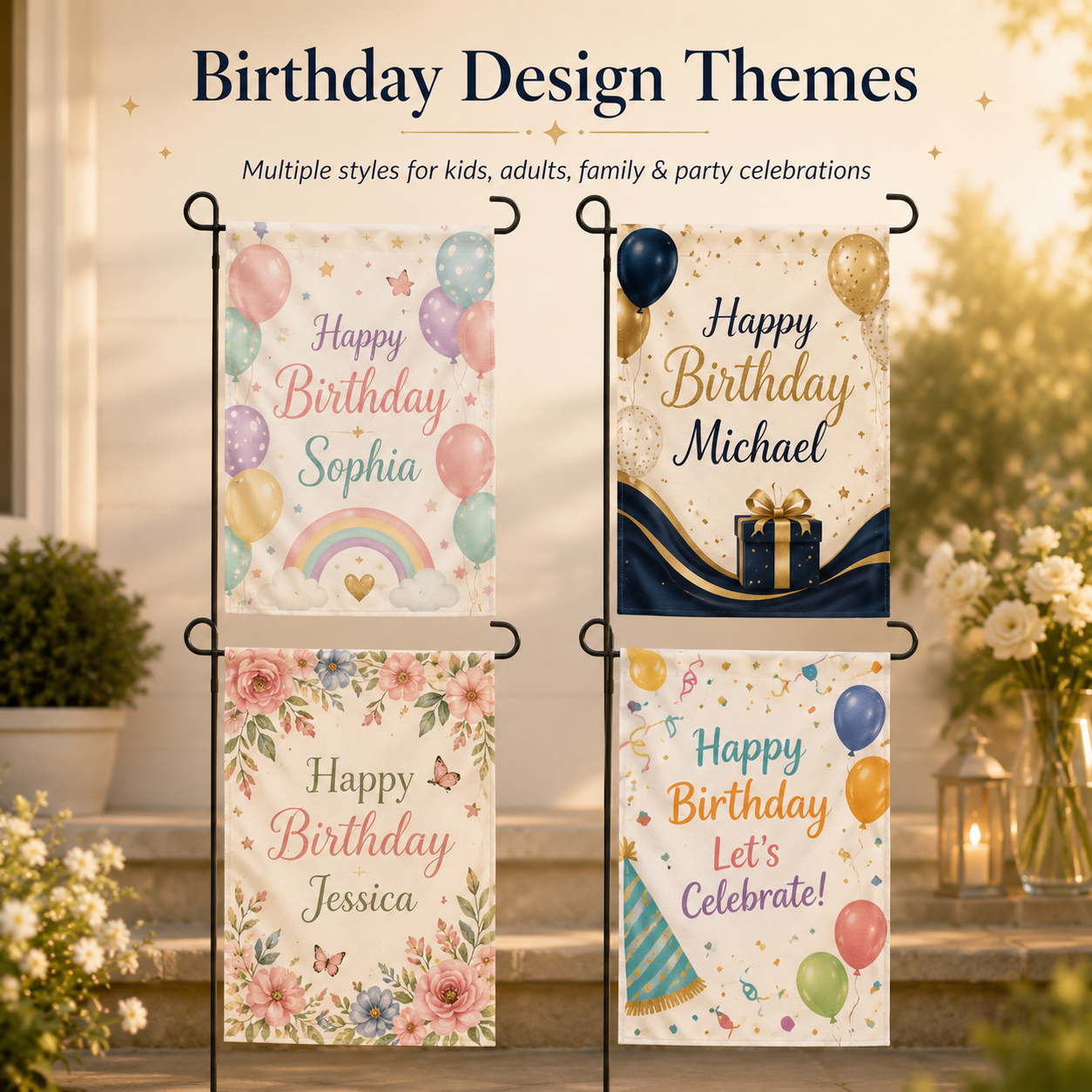 Personalized birthday garden flags used at home entrances, front yards, family parties, and celebration event spaces
