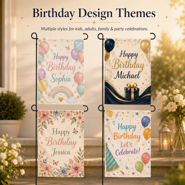 Personalized birthday garden flags used at home entrances, front yards, family parties, and celebration event spaces