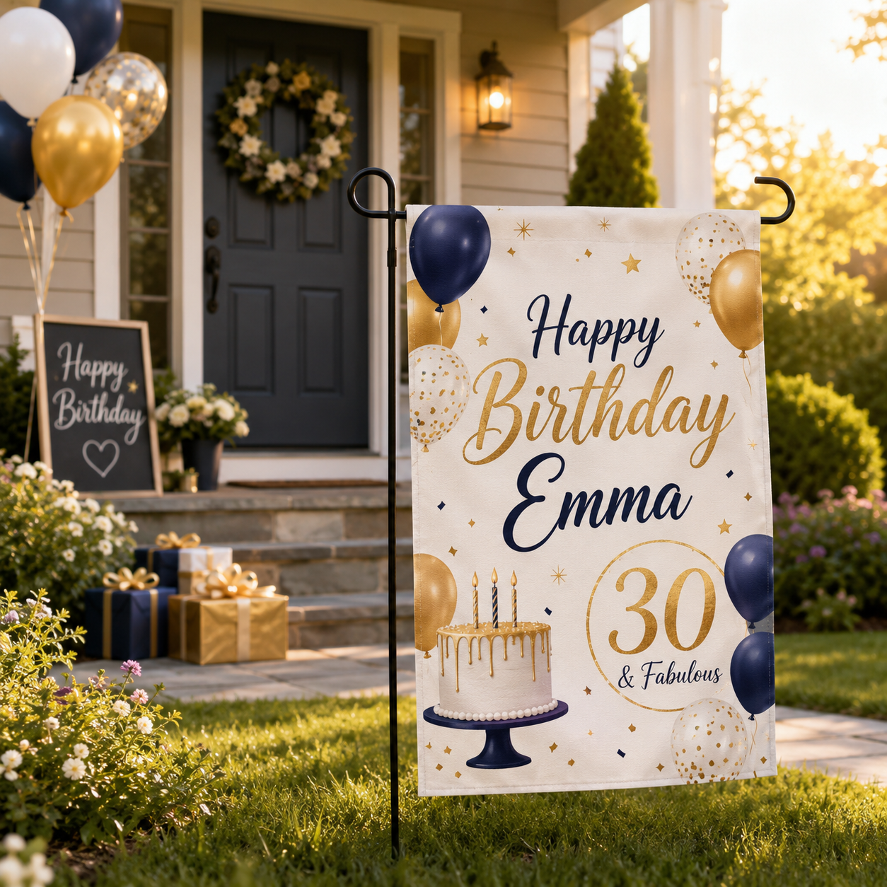 Personalized birthday garden flags displayed in a warm outdoor front yard setting with a simple elegant stand