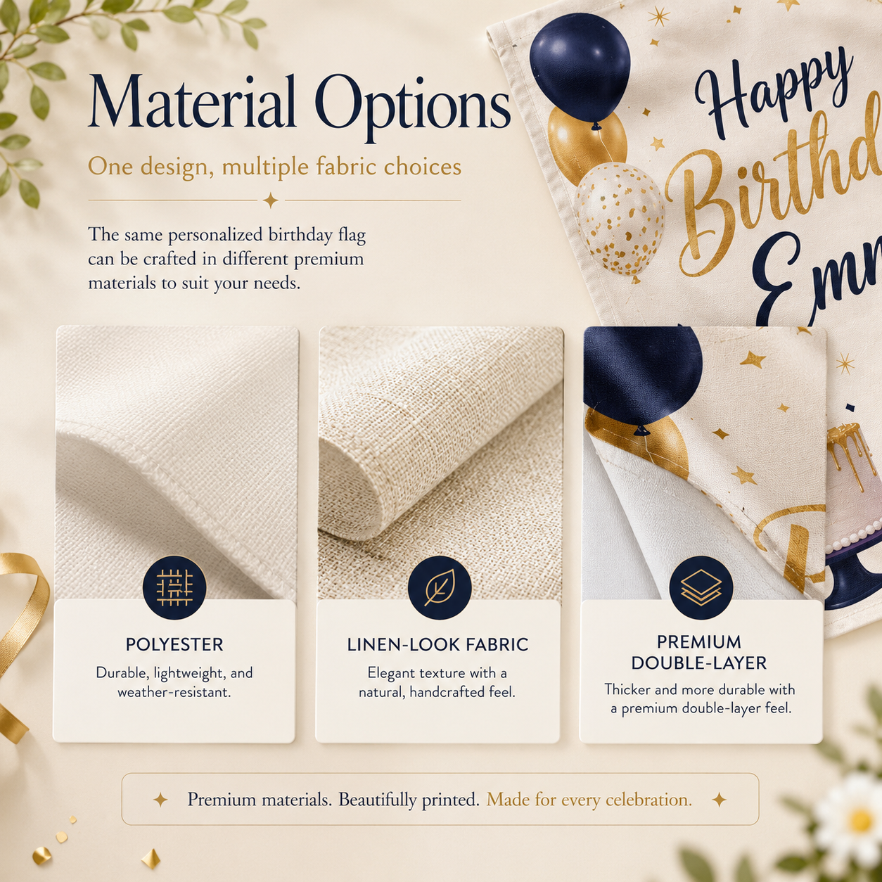 Personalized birthday garden flags used at home entrances, front yards, family parties, and celebration event spaces