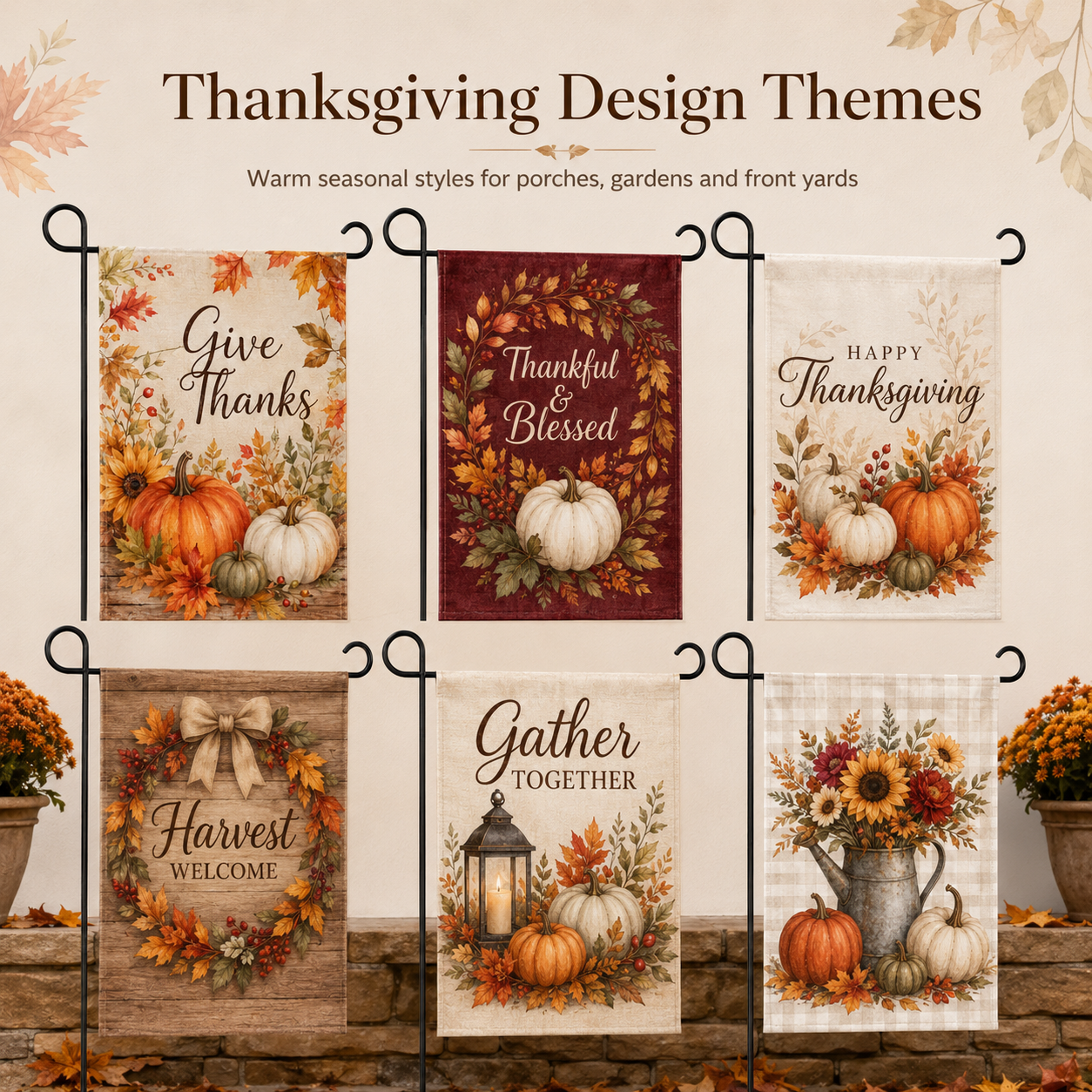 Thanksgiving garden flag fabric options including polyester, spun polyester, linen look fabric and double sided blockout fabric
