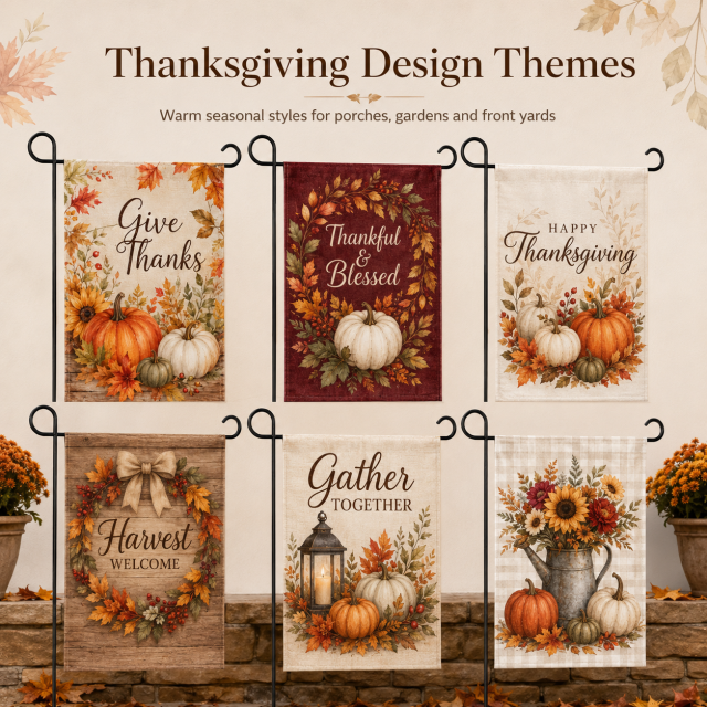 Thanksgiving garden flag fabric options including polyester, spun polyester, linen look fabric and double sided blockout fabric