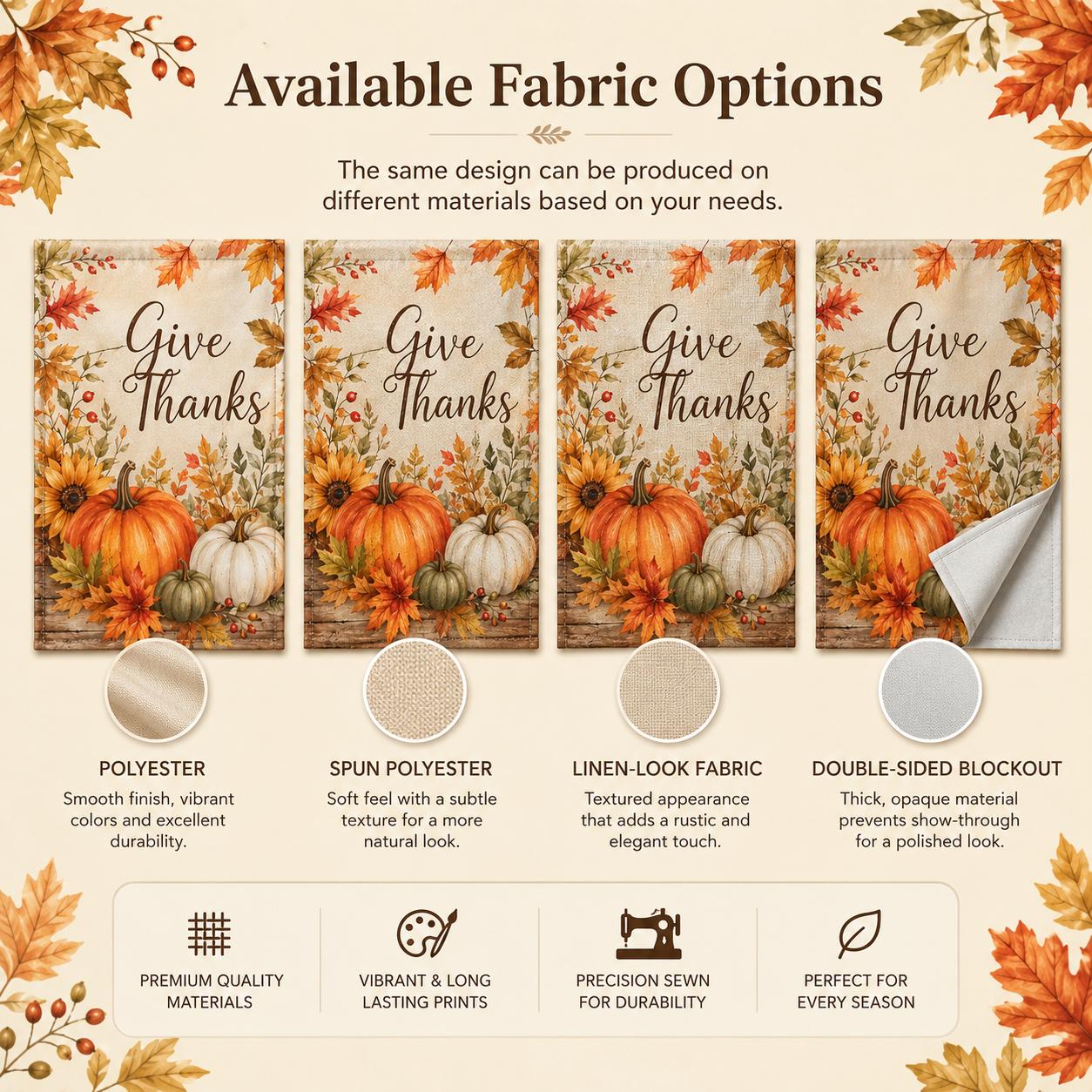 Custom Thanksgiving garden flags with personalized family name, logo, message, artwork and size options