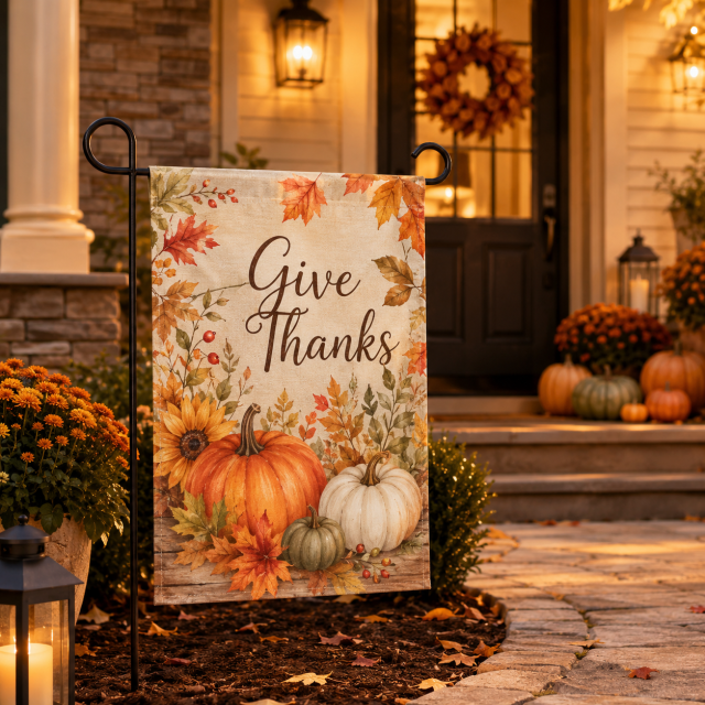 Custom Thanksgiving garden flag with Give Thanks design displayed in a warm front porch and garden scene