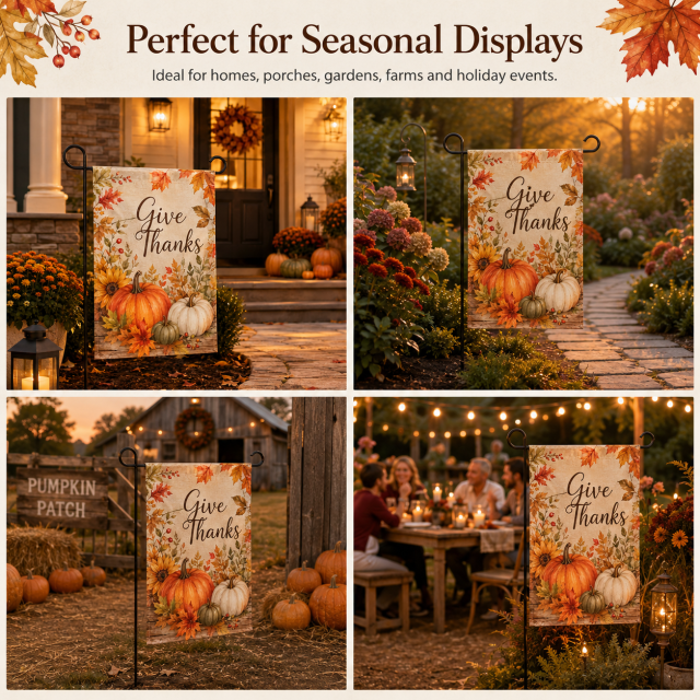 Thanksgiving garden flags for porches, gardens, front yards, farms, pumpkin patches and holiday gatherings