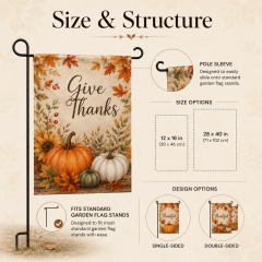 Thanksgiving garden flag size and structure showing pole sleeve, standard stand fit, single sided and double sided options
