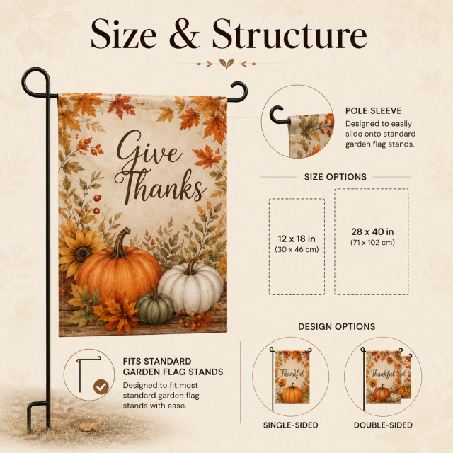 Thanksgiving garden flag size and structure showing pole sleeve, standard stand fit, single sided and double sided options