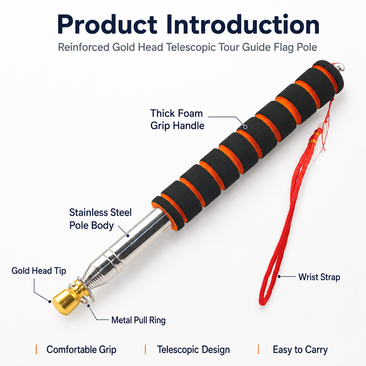 Telescopic handheld flag pole with stainless steel body and wrist strap
