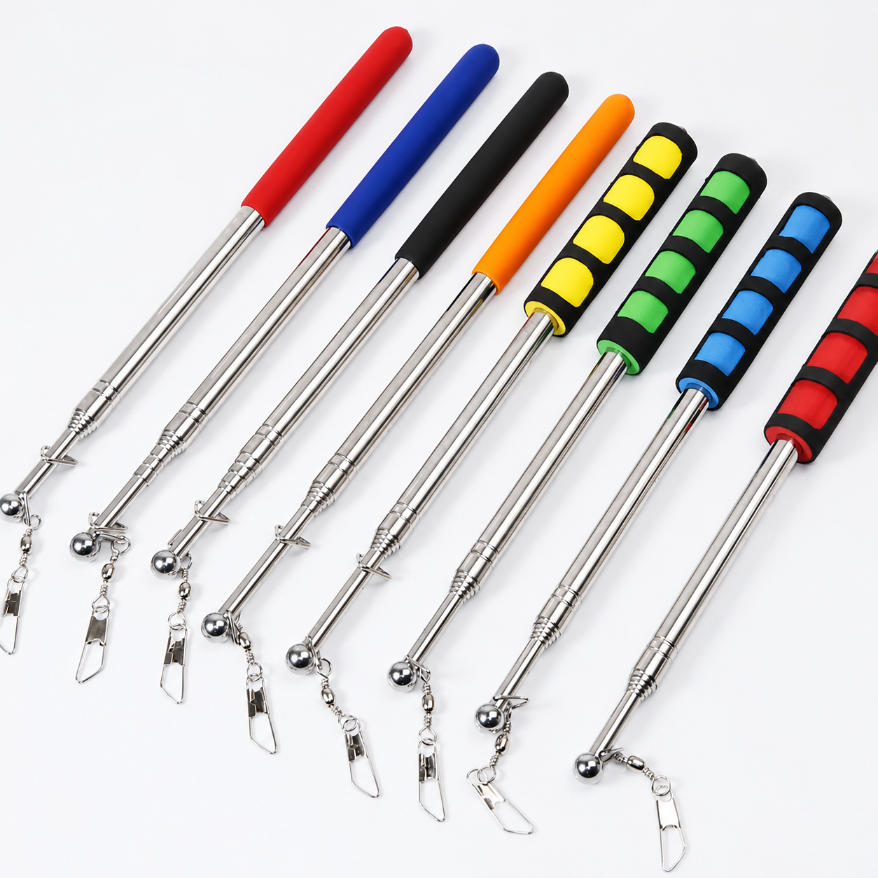 Swivel Clip · Stainless Steel Pole · Rubber & Foam Grip Options