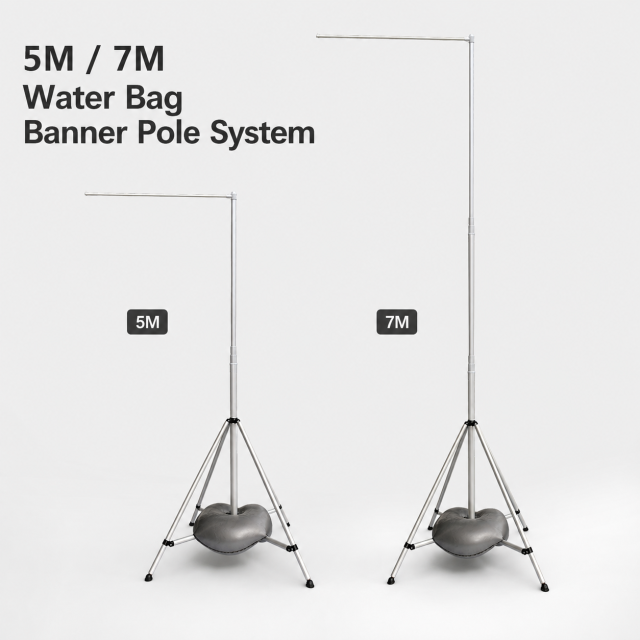 5 m and 7 m portable water bag banner pole systems with foldable aluminum support frames