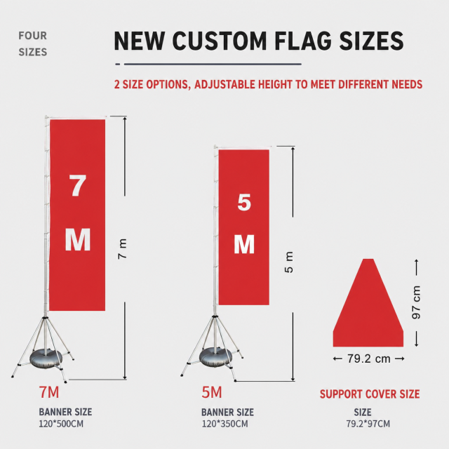 Size comparison of 5 m and 7 m telescopic banner poles with recommended banner dimensions