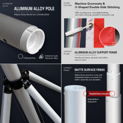 Aluminum pole, ring hook, reinforced banner edge and snap-fit pole connection details