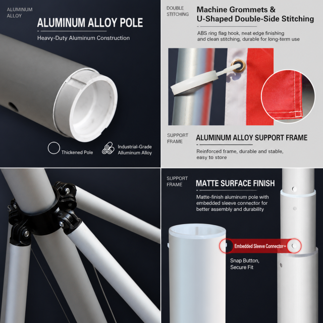 Aluminum pole, ring hook, reinforced banner edge and snap-fit pole connection details