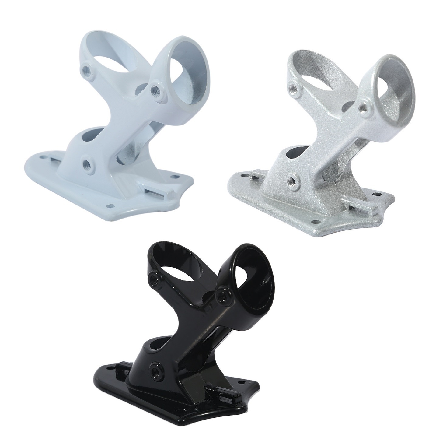 White silver and black aluminum dual-socket angled flag pole mounting brackets