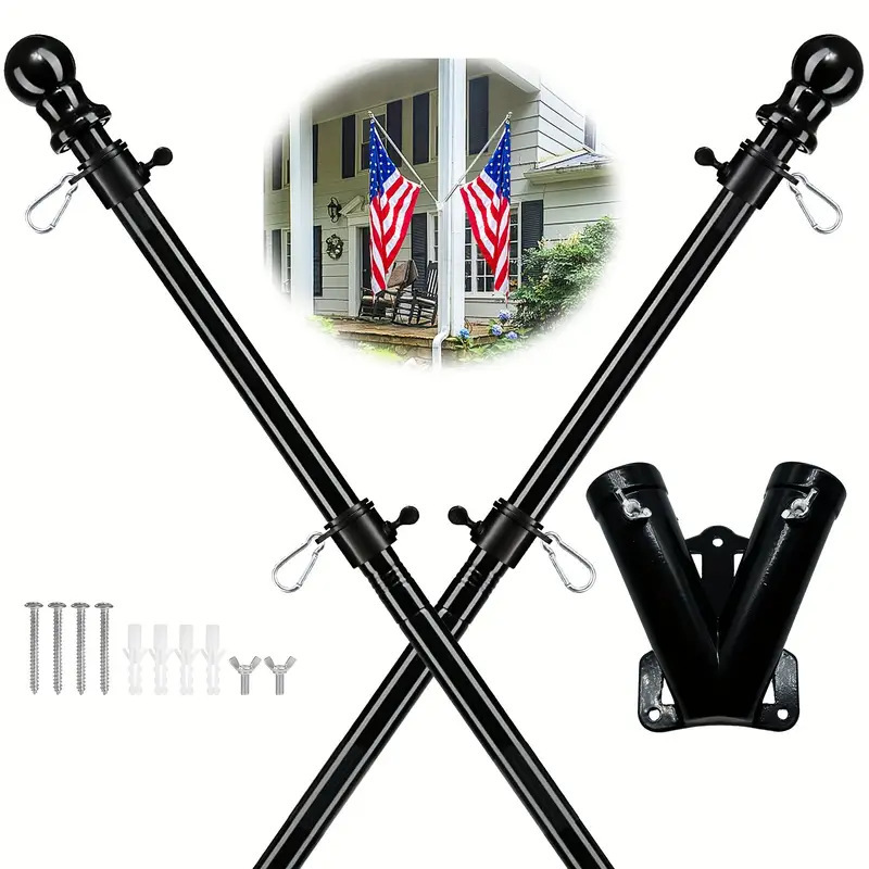 Black sectional stainless steel flag pole pair with rotating rings, finials and dual-socket wall bracket