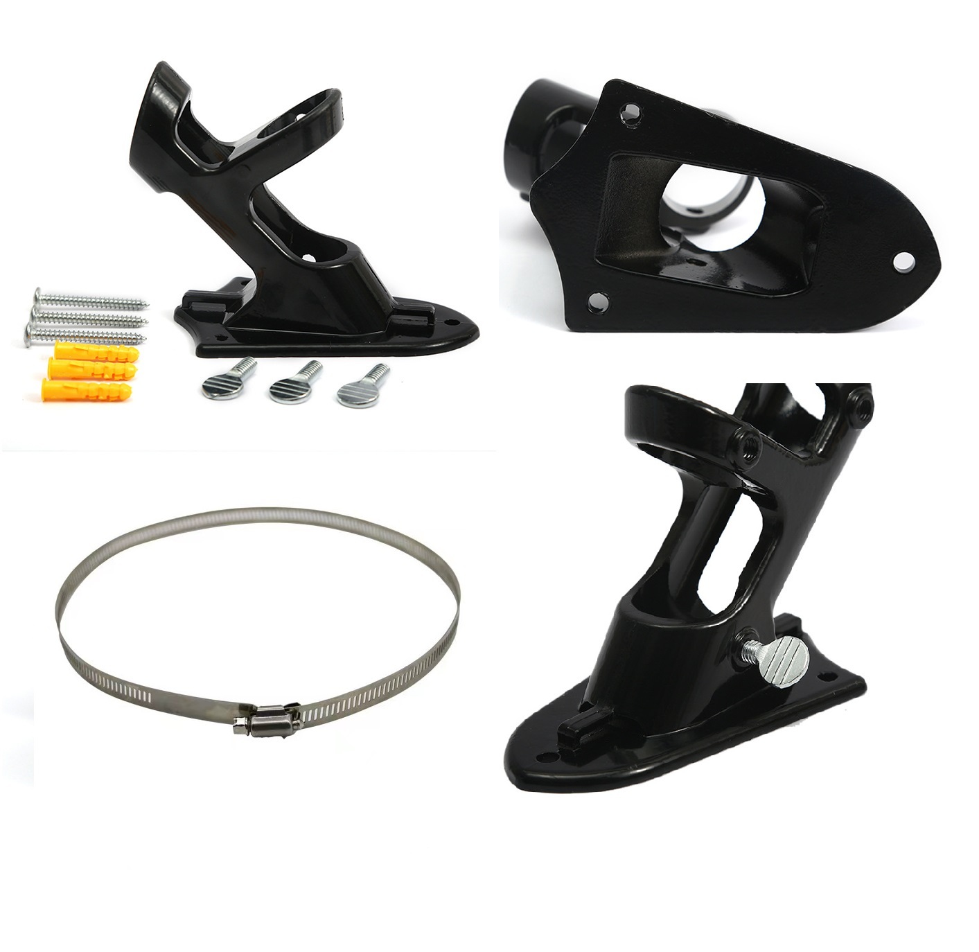 Black dual-socket flag pole bracket with screws anchors thumb screws and metal clamp