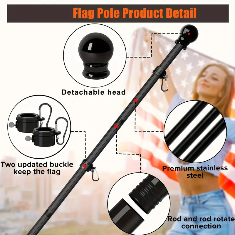 Black sectional flag pole with detachable finial, rotating rings and threaded connections