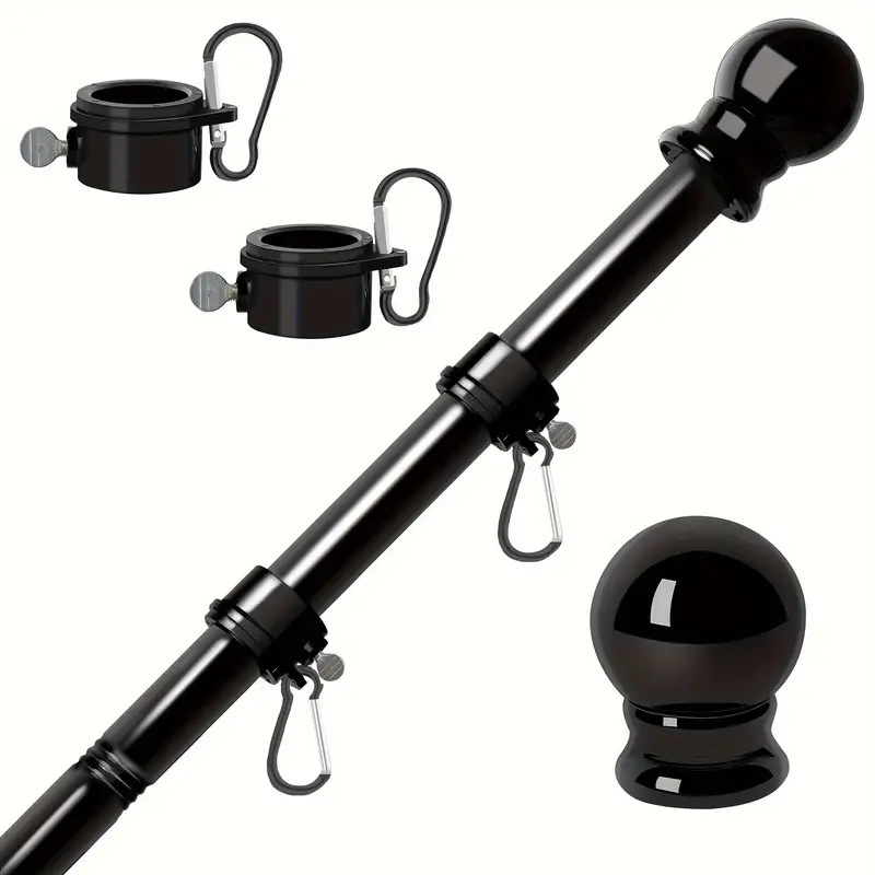Black stainless steel sectional flag pole with two rotating mounting rings and ball finial
