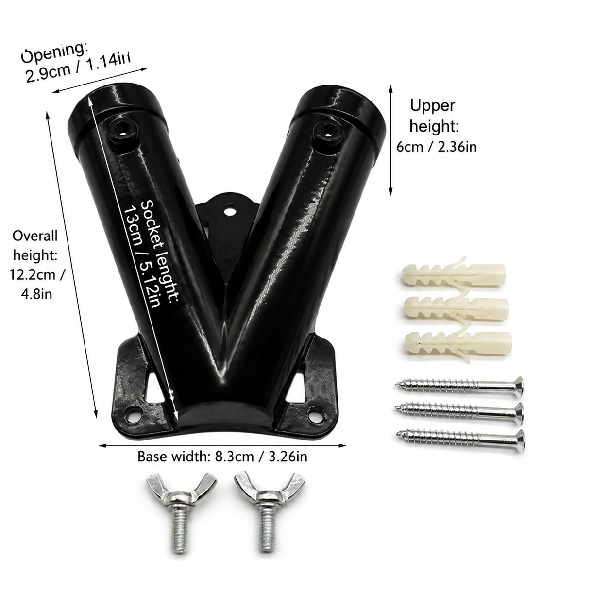 Dimensions of a black V-shaped dual flag pole wall bracket with 2.9 cm socket openings