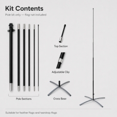 Multi-section flag pole kit with pole sections, top section, adjustable clip and cross base