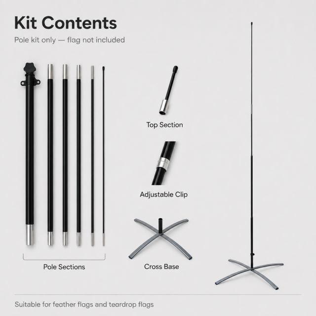 Multi-section flag pole kit with pole sections, top section, adjustable clip and cross base