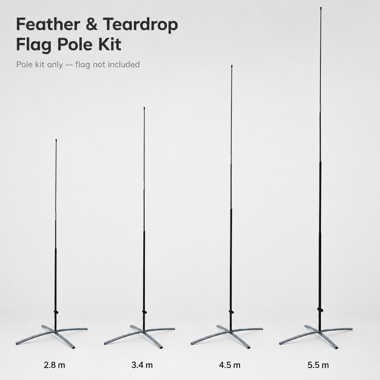 Feather and teardrop flag pole kits with cross bases in four available heights
