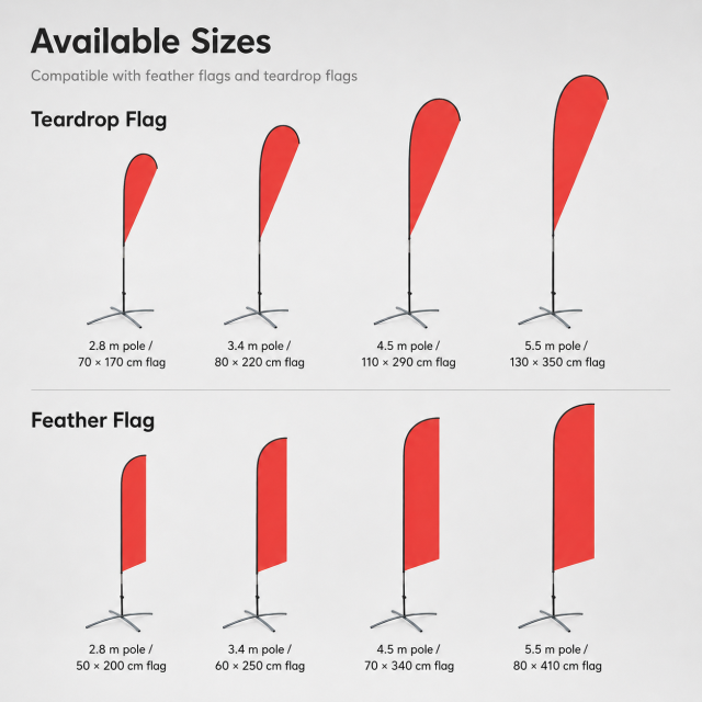 Feather and teardrop flag pole size guide from 2.8 metres to 5.5 metres