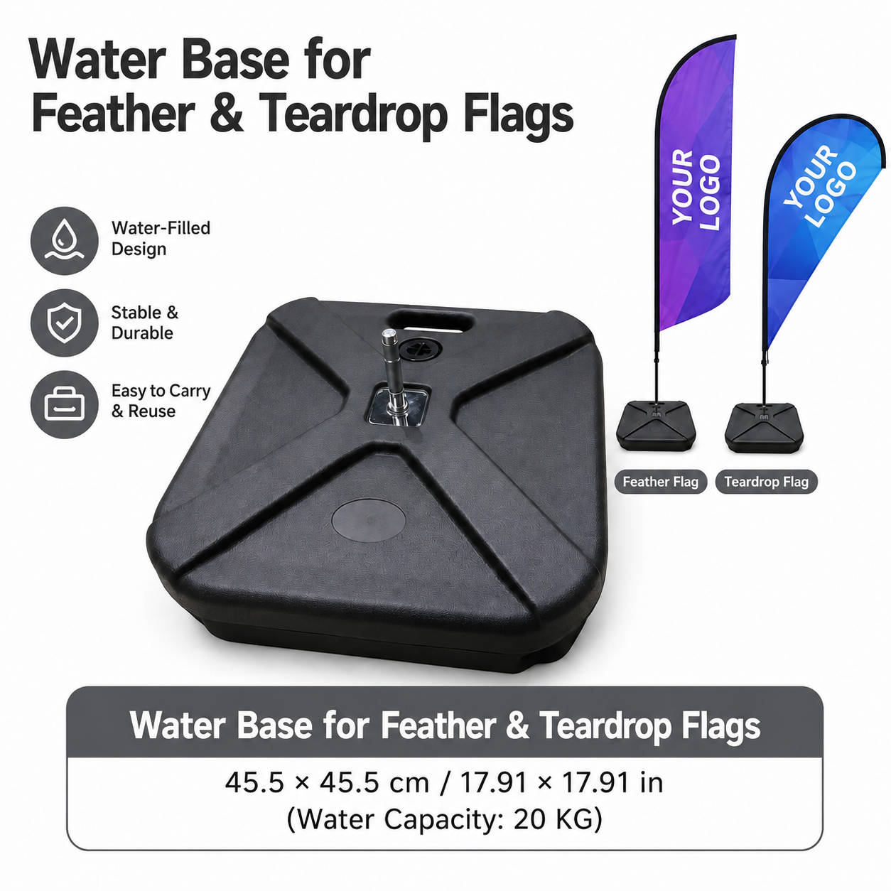 Black fillable water base for feather and teardrop flag poles
