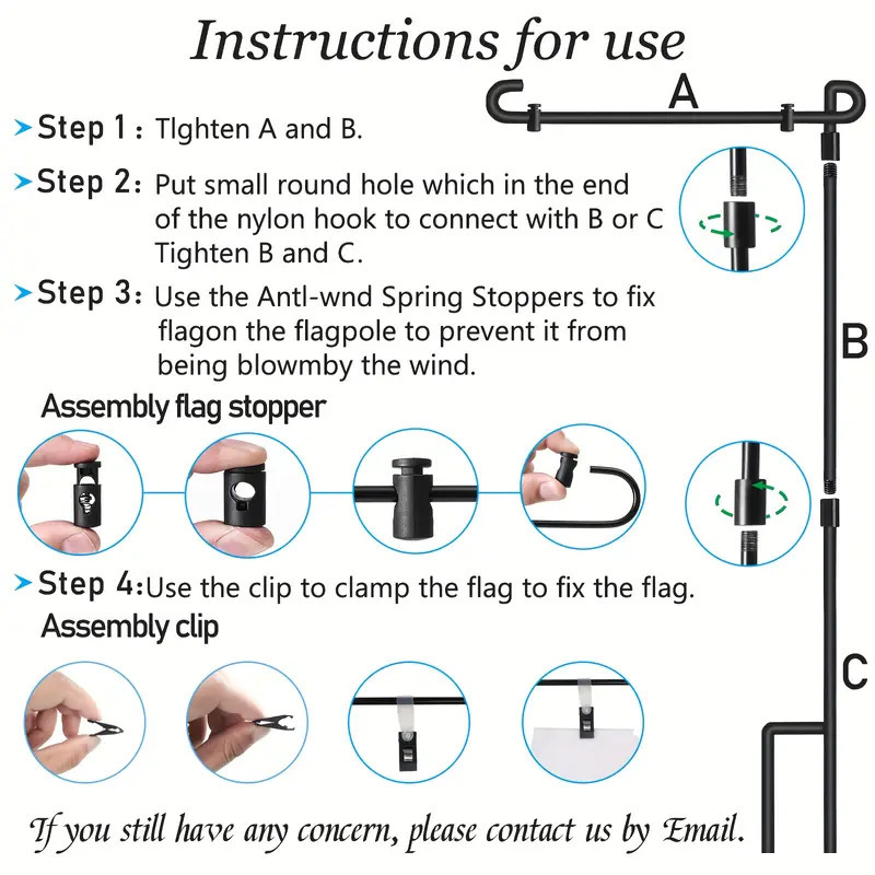 Assembly instructions for three-piece iron garden flag stand with stoppers and securing clip