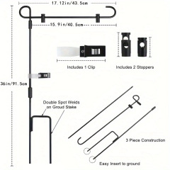 Garden flag stand dimensions with three-piece construction, ground stake and included clips