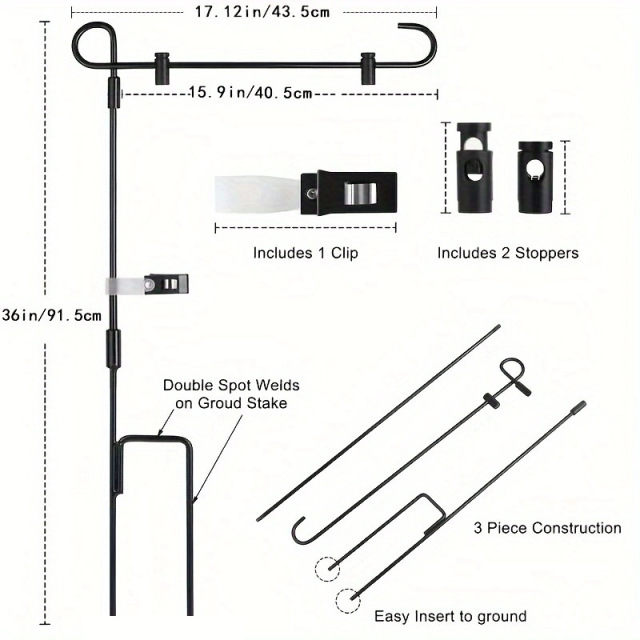 Garden flag stand dimensions with three-piece construction, ground stake and included clips