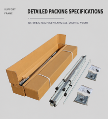 Packed pole sections, support frame, top arm, water bag and accessories for 5 m and 7 m banner poles
