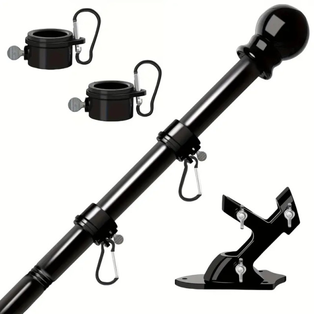 Black sectional stainless steel flag pole with rotating rings, ball finial and angled wall bracket