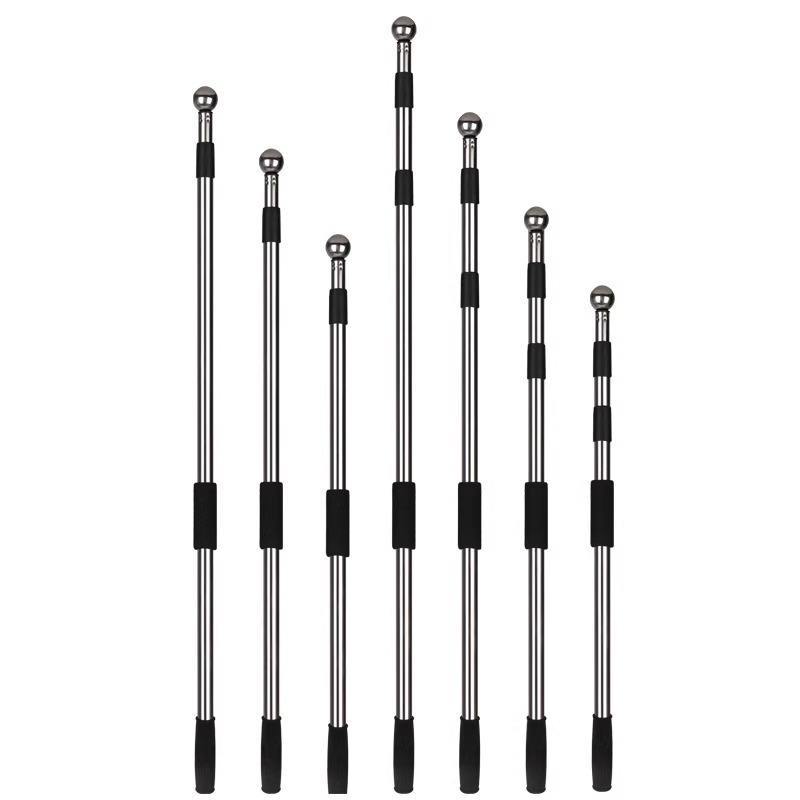Multiple stainless steel telescopic handheld flag pole models with different lengths and section configurations