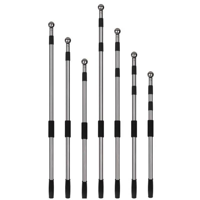 Multiple stainless steel telescopic handheld flag pole models with different lengths and section configurations