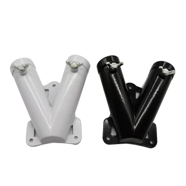 Black and white stainless steel V-shaped dual flag pole wall mount brackets with two locking screws