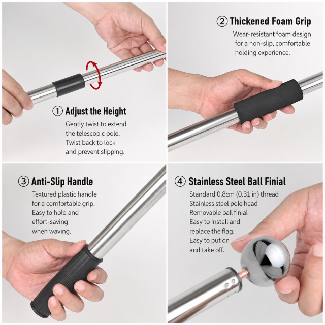 Telescopic stainless steel flag pole with adjustable height, foam grip, non-slip handle and removable ball finial