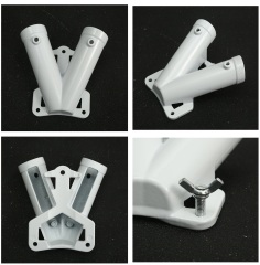 Front, side, rear and locking screw details of a white V-shaped dual flag pole bracket