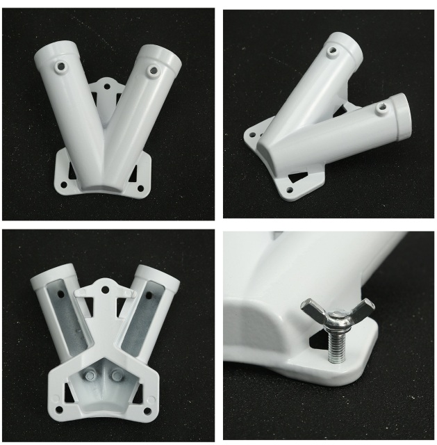 Front, side, rear and locking screw details of a white V-shaped dual flag pole bracket