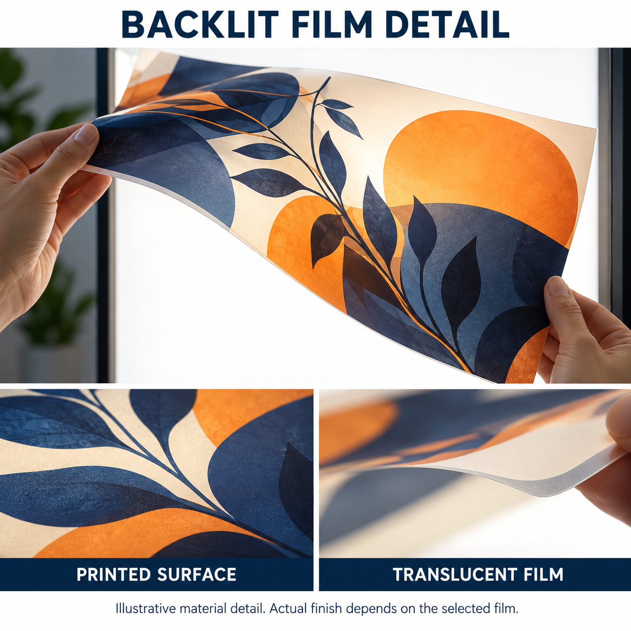 Illustrative close-up of a curved printed backlit film sheet showing its surface and translucent appearance