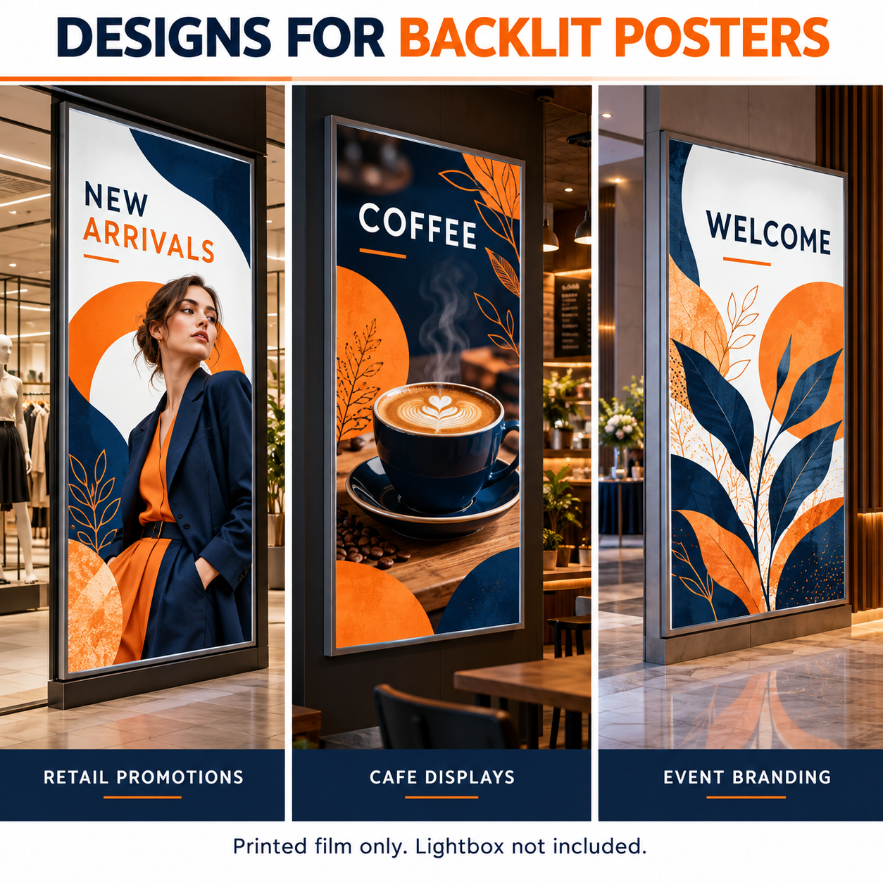 Backlit film poster mockups featuring retail promotions, coffee artwork and event branding