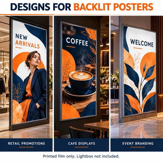 Backlit film poster mockups featuring retail promotions, coffee artwork and event branding