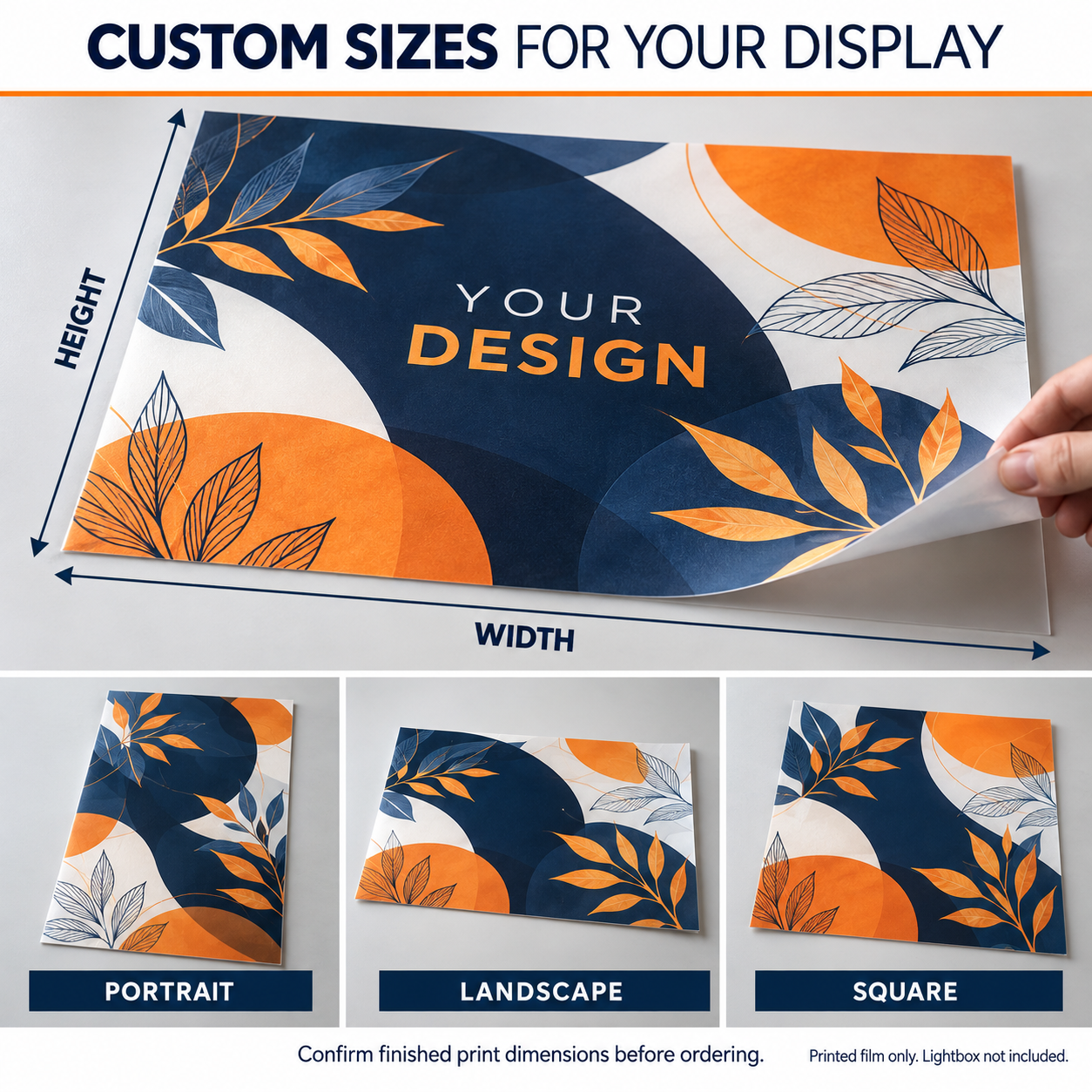 Custom backlit film print dimensions illustrated with portrait, landscape and square sheet formats