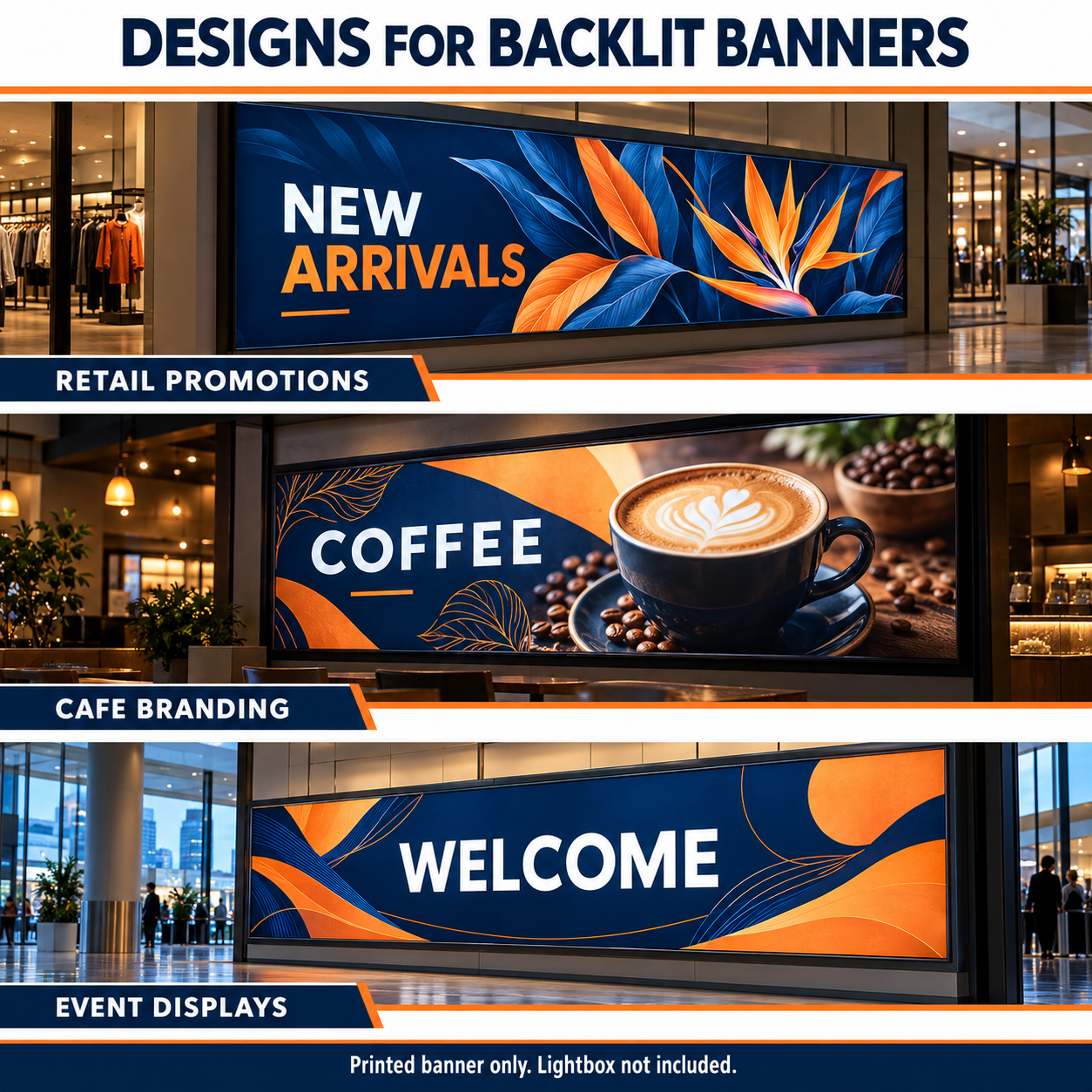 Backlit flex banner mockups featuring retail promotions, cafe branding and event displays