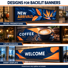 Backlit flex banner mockups featuring retail promotions, cafe branding and event displays