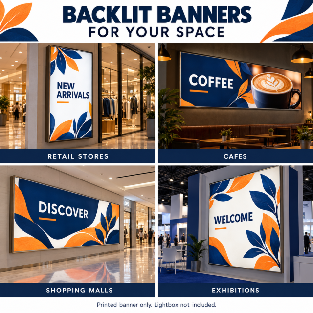 Backlit flex banner mockups in retail stores, cafes, shopping malls and exhibitions