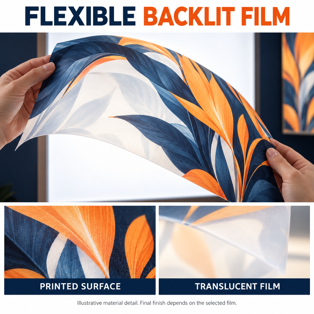 Illustrative close-up of flexible printed backlit soft film showing its surface and translucent appearance