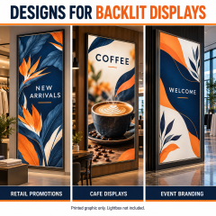 Backlit soft film print mockups featuring retail promotions, coffee artwork and event branding
